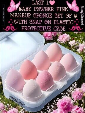 🆕️LAST 1🩷BABY POWDER PINK MAKEUP SPONGE SET OF 8 W/PLASTIC PROTECTIVE CASE